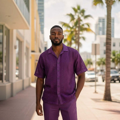 suit-yourself-menswear purple linen two-piece set with short-sleeve lace button-down shirt worn by a man outdoors