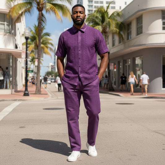 suit-yourself-menswear purple linen two-piece set with lace detailing worn by a man on a sunny city street