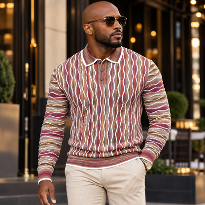 suit-yourself-menswear purple multi-color knit polo sweater with 90s inspired textured pattern on a man in sunglasses