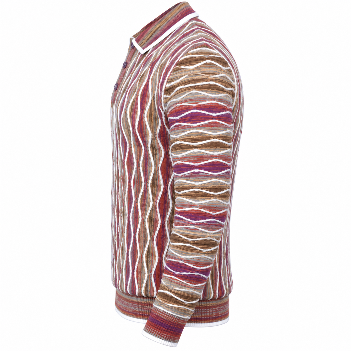 suit-yourself-menswear purple multi-color knit sweater with 90s-inspired textured patterns and a polo collar