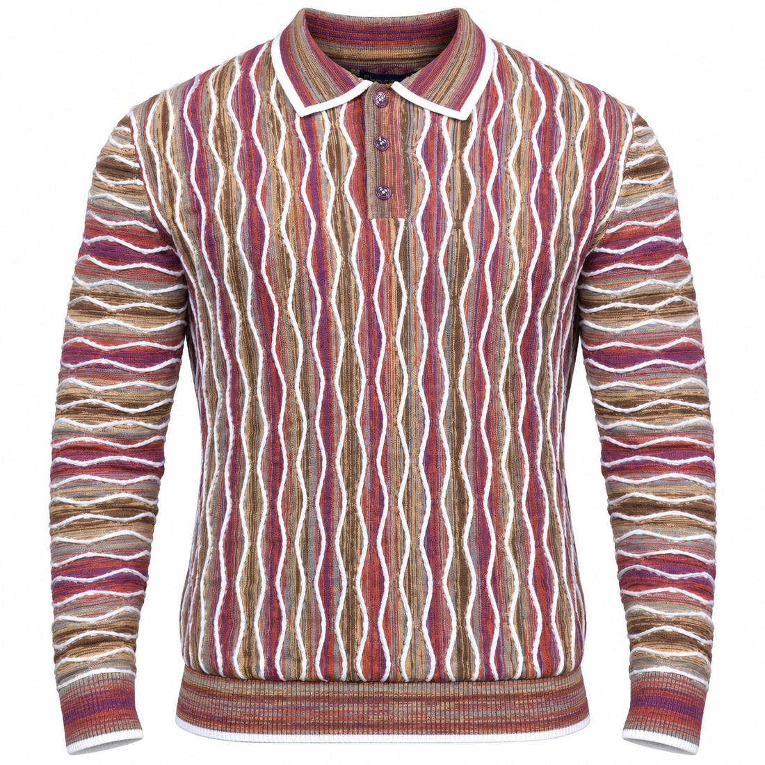 suit-yourself-menswear purple multi-color textured knit polo sweater with 90s inspired vertical wave patterns