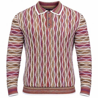 suit-yourself-menswear purple multi-color textured knit polo sweater with 90s inspired vertical wave patterns