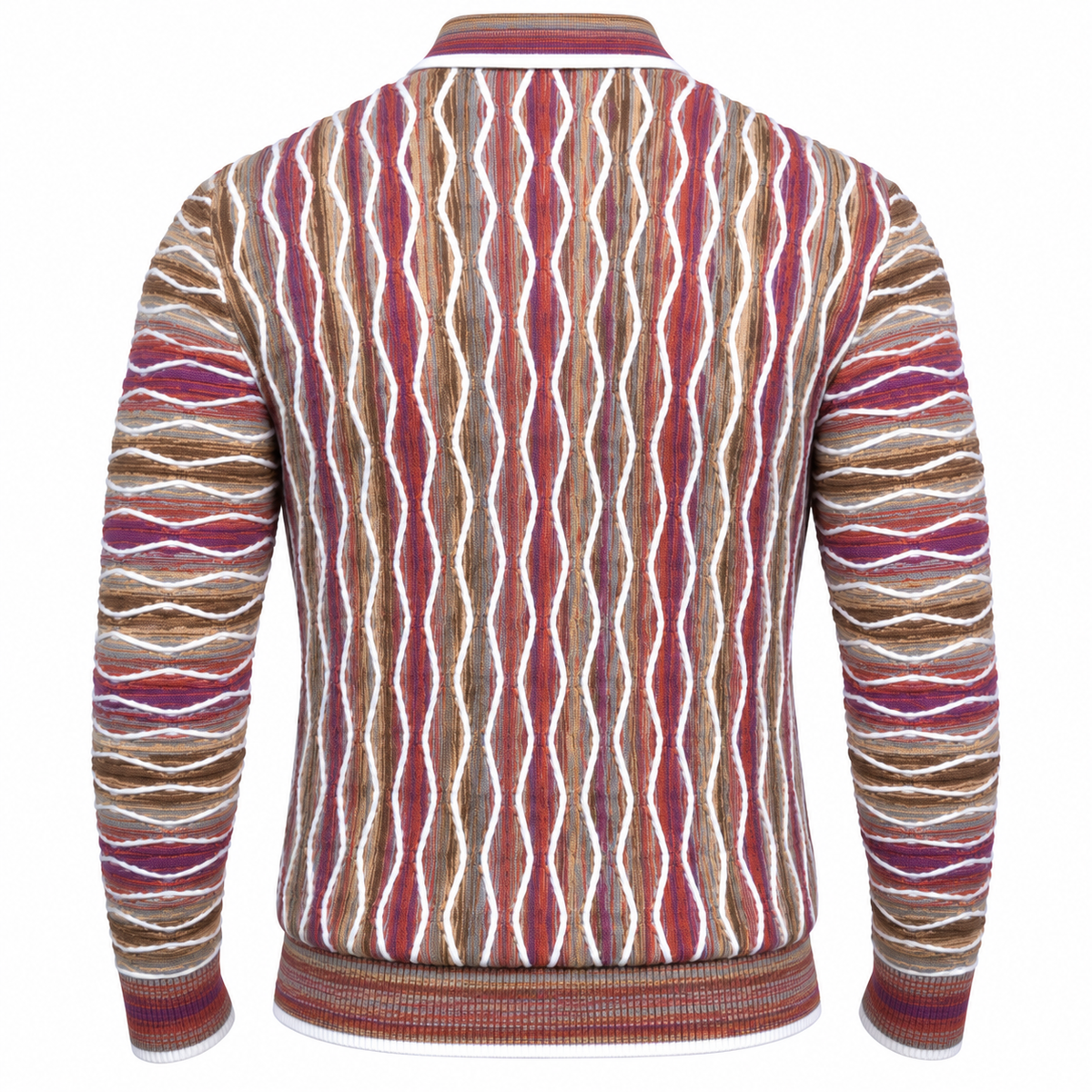 Back view of suit-yourself-menswear purple multi-color sweater with textured 90s-inspired knit patterns