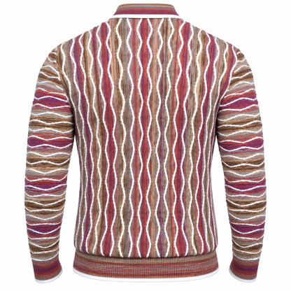 Back view of suit-yourself-menswear purple multi-color sweater with textured 90s-inspired knit patterns