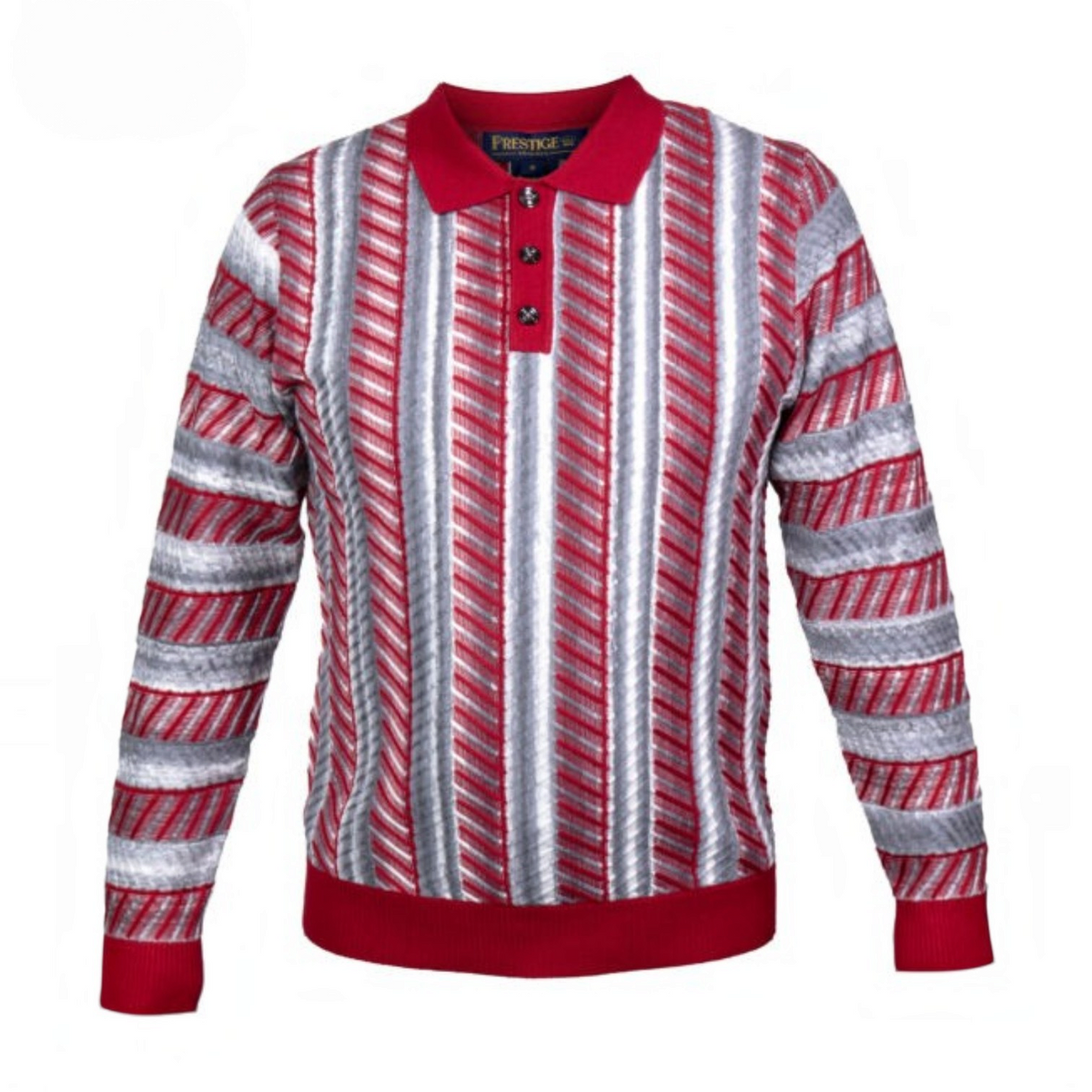suit-yourself-menswear Prestige red and grey mosaic stripe button-up polo sweater with a classic collar