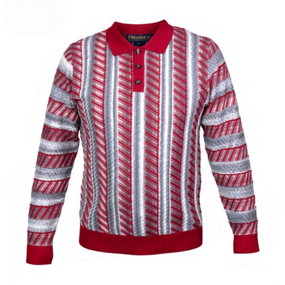 suit-yourself-menswear Prestige red and grey mosaic stripe button-up polo sweater with a classic collar