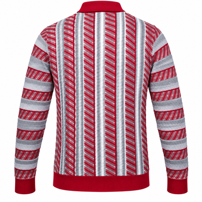 Back view of suit-yourself-menswear red and grey mosaic stripe polo sweater with long sleeves and ribbed cuffs.