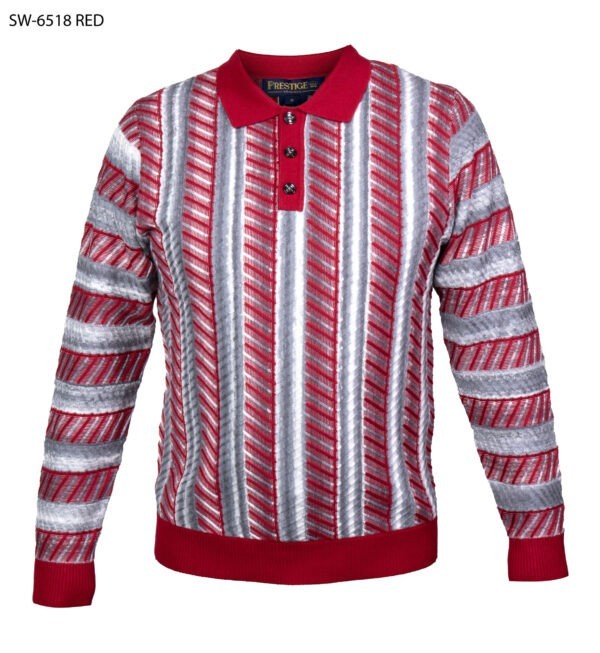 suit-yourself-menswear Prestige red and grey striped knit polo sweater with a three-button placket and ribbed hem