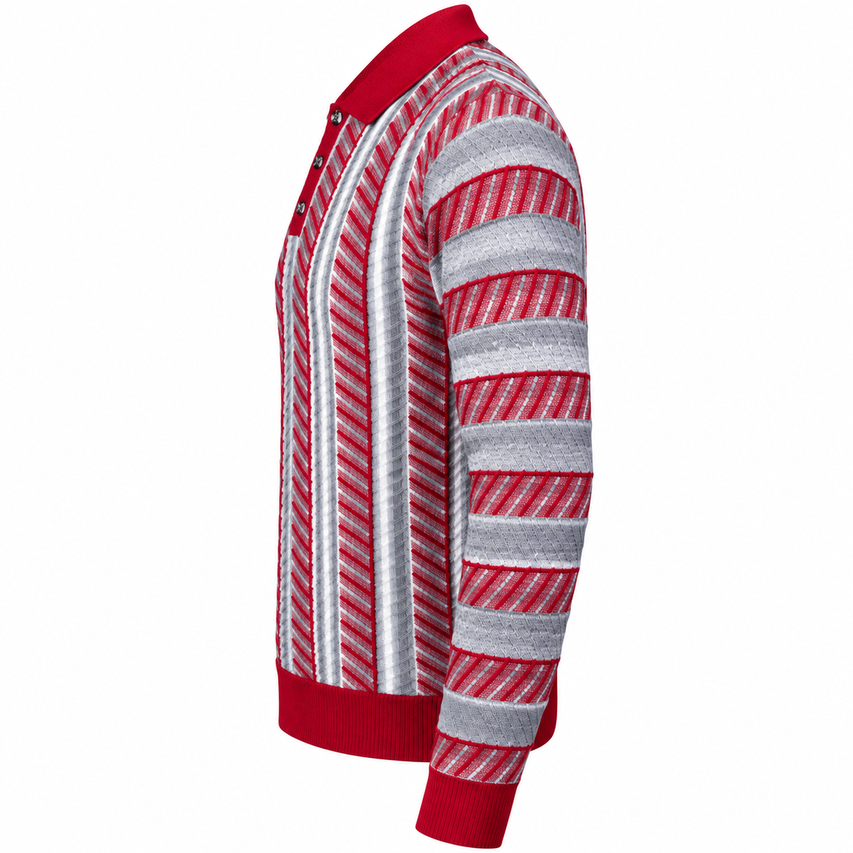 suit-yourself-menswear red and grey striped button-up polo sweater with a textured mosaic pattern, side view