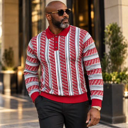 suit-yourself-menswear red and grey striped button-up polo sweater worn by a man in a smart-casual setting