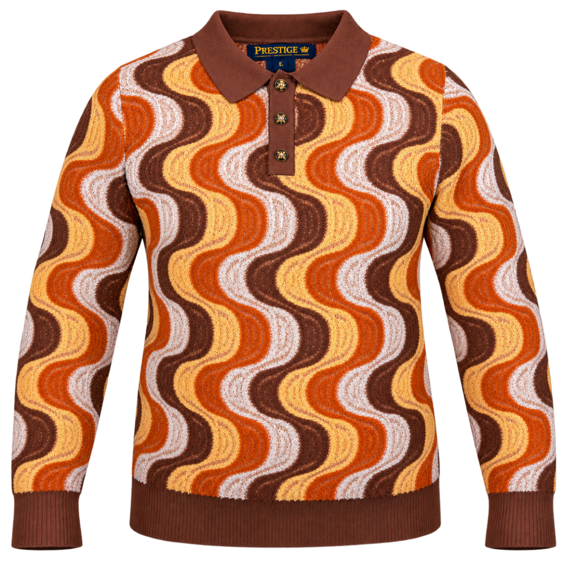 suit-yourself-menswear Prestige Original long-sleeve knit polo sweater with a retro brown, orange, and cream wave print.