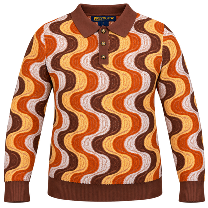 suit-yourself-menswear Prestige Original long-sleeve knit polo sweater with a retro brown, orange, and cream wave print.