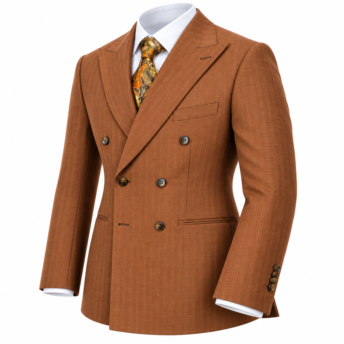 suit-yourself-menswear rust pinstripe double-breasted suit with 6x2 buttons and a patterned tie on a white shirt