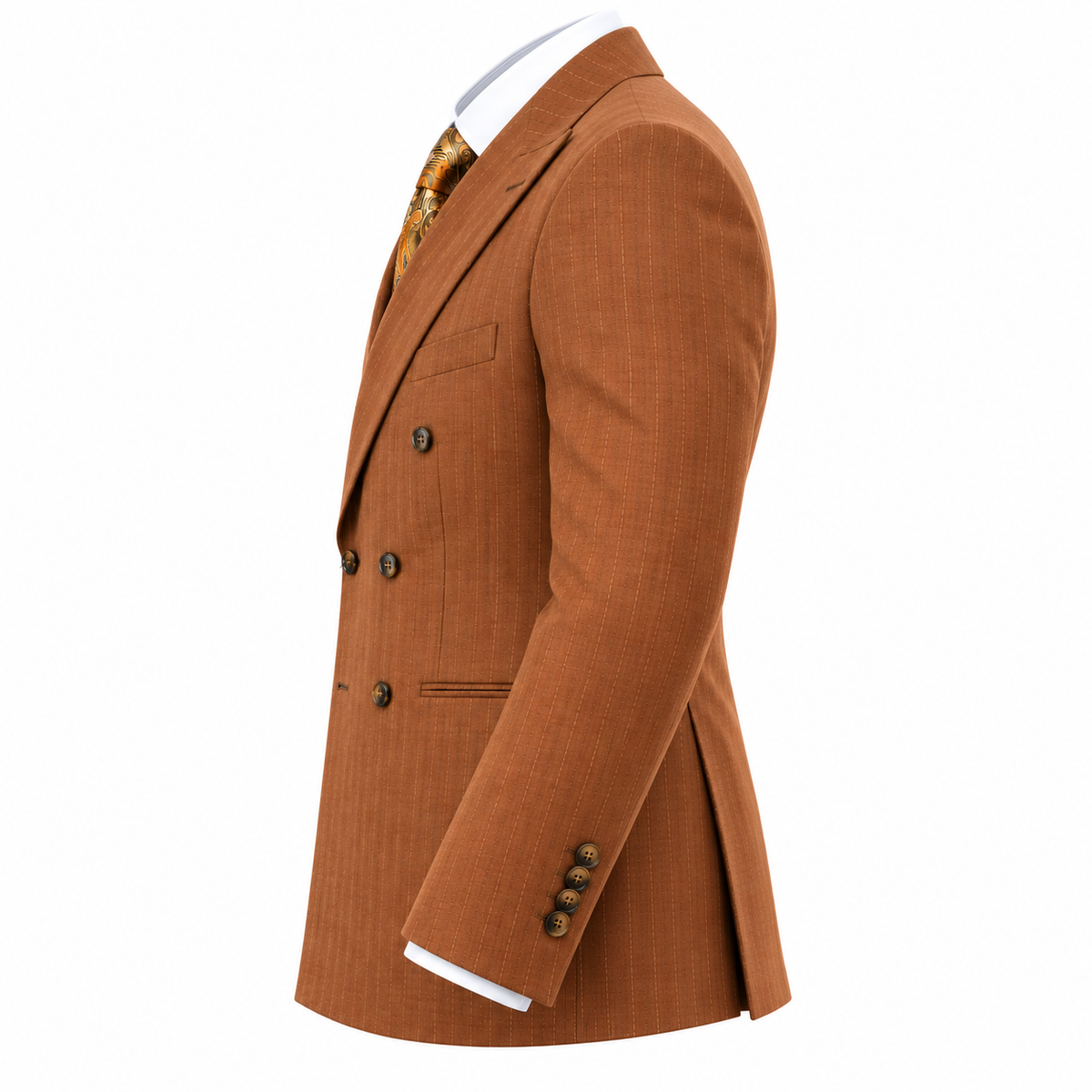 suit-yourself-menswear rust pinstripe double-breasted suit jacket with 6x2 buttons, side view