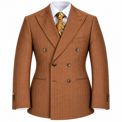suit-yourself-menswear rust pinstripe double-breasted suit with 6x2 buttons, white shirt, and patterned tie