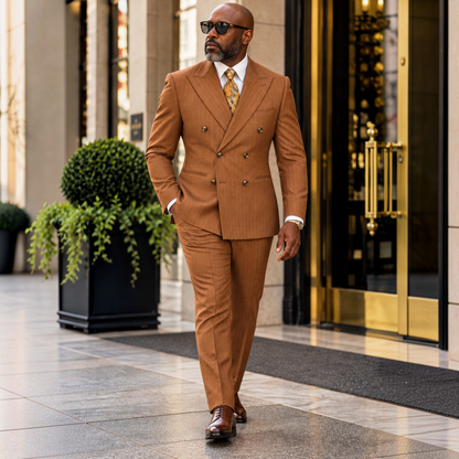 suit-yourself-menswear rust pinstripe double-breasted suit worn by a man in sunglasses walking outdoors