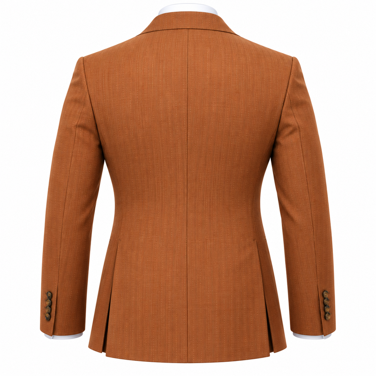 Back view of suit-yourself-menswear rust pinstripe double-breasted suit jacket with side vents and buttoned cuffs.
