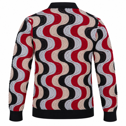 suit-yourself-menswear Prestige Original sweater with a black, burgundy, and beige wavy swirl pattern, back view