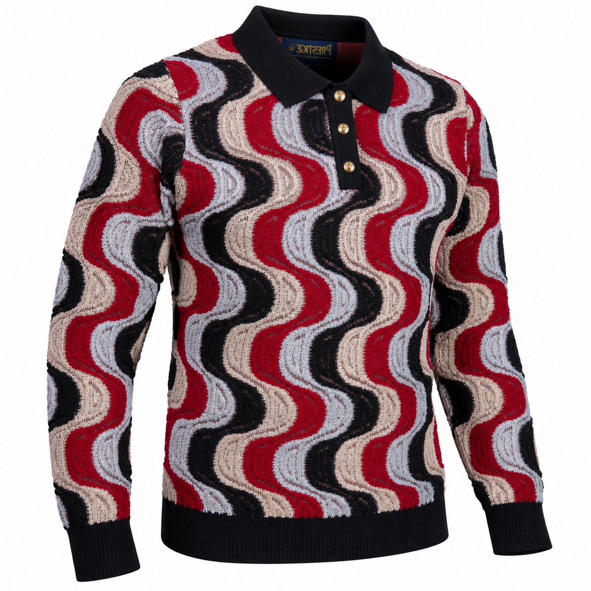 suit-yourself-menswear Prestige Original sweater with a black, burgundy, and beige swirl pattern and gold button collar