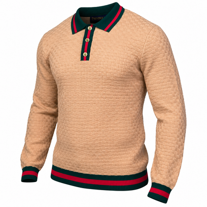 suit-yourself-menswear Prestige Original tan textured knit polo sweater with green and red striped trim and gold buttons