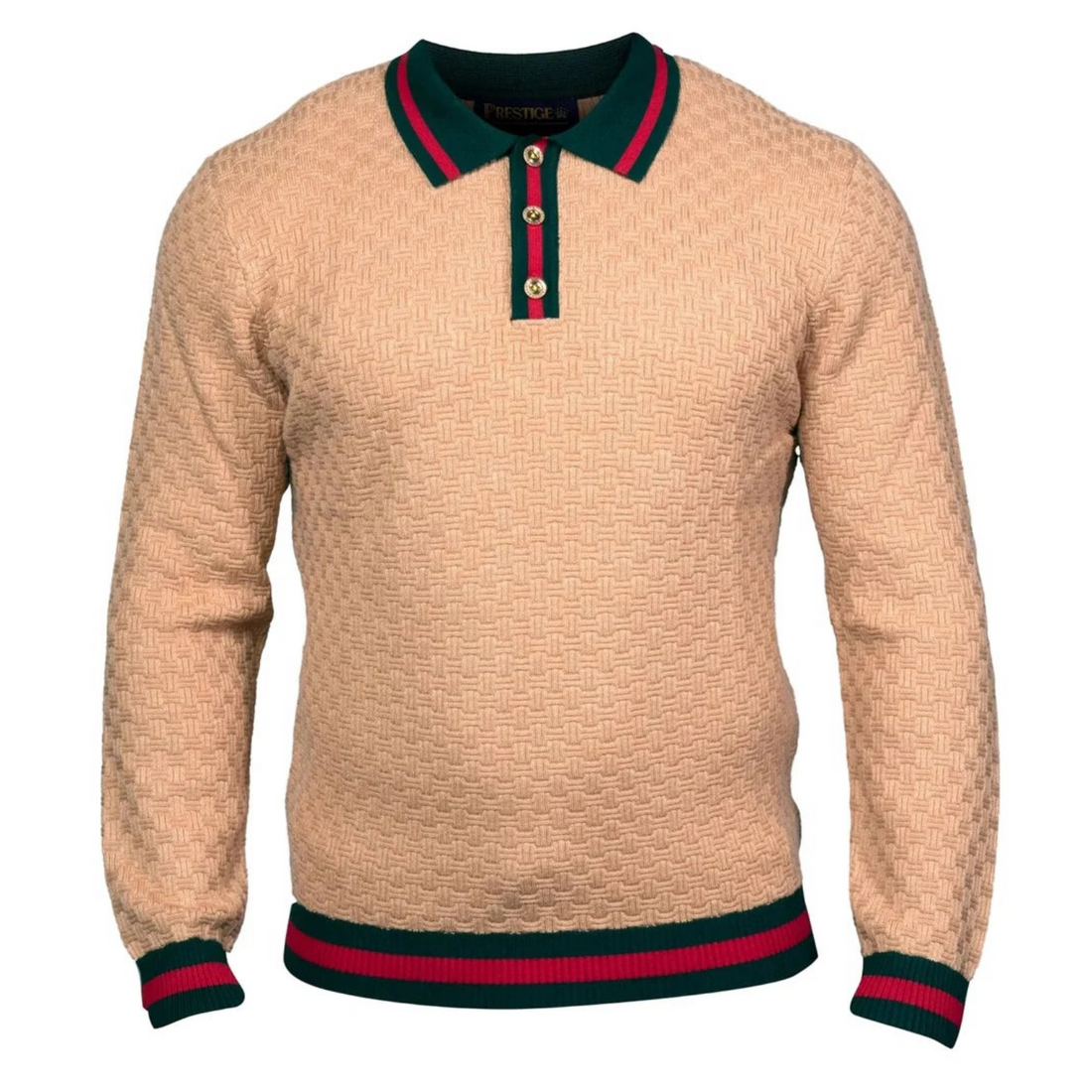 suit-yourself-menswear Prestige Original tan textured knit polo sweater with green and red striped trim and gold buttons SW-6520