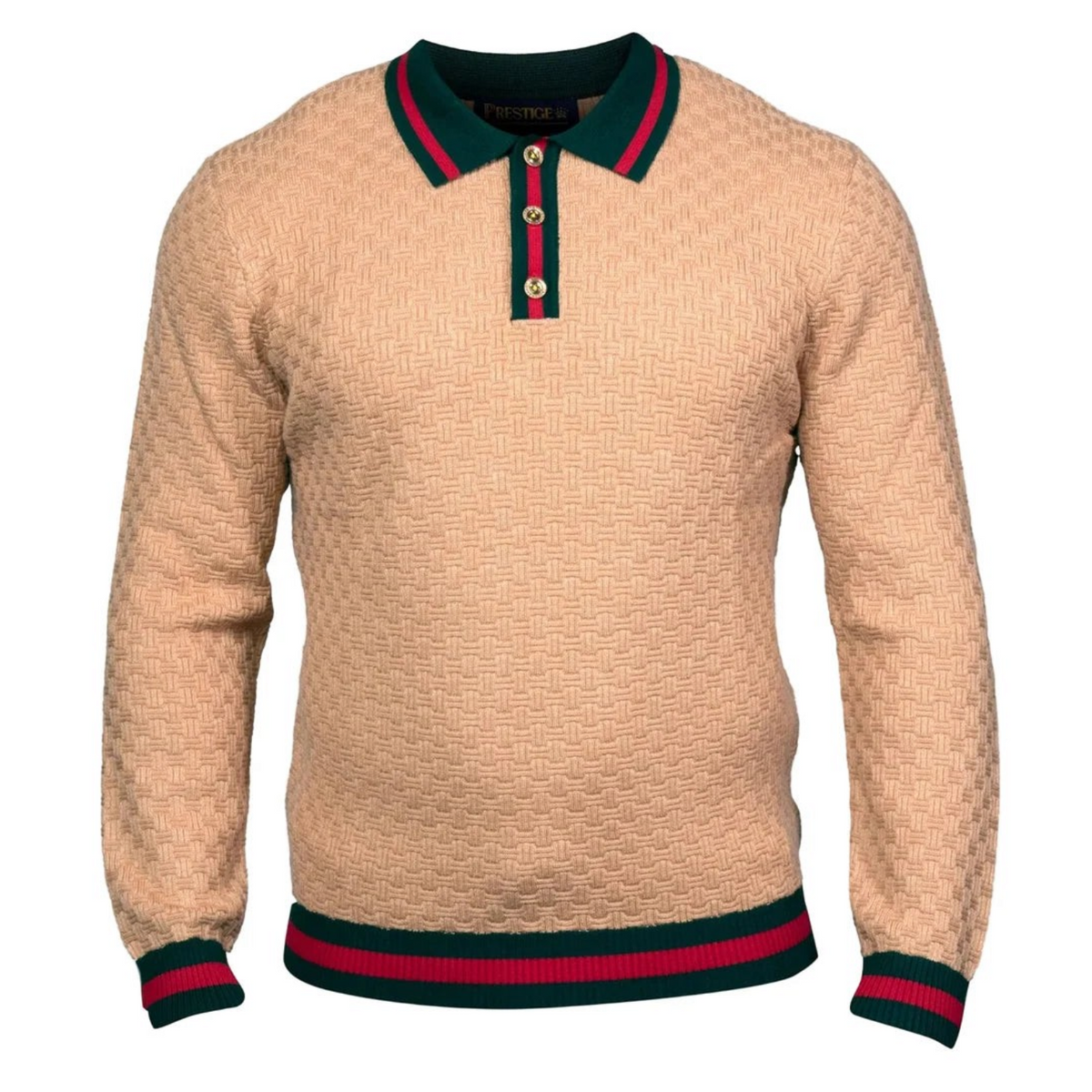 suit-yourself-menswear Prestige Original tan textured knit polo sweater with green and red striped trim and gold buttons SW-6520