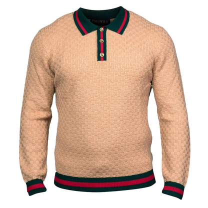 suit-yourself-menswear Prestige Original tan textured knit polo sweater with green and red striped trim and gold buttons SW-6520