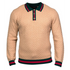 suit-yourself-menswear Prestige Original tan textured knit polo sweater with green and red striped trim and gold buttons SW-6520