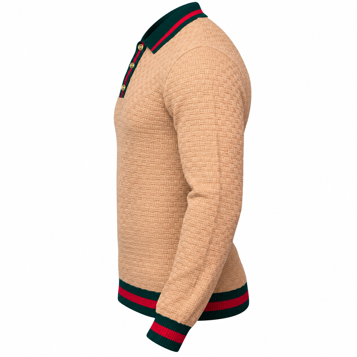 suit-yourself-menswear tan textured knit polo sweater with green and red striped collar, cuffs, and gold buttons