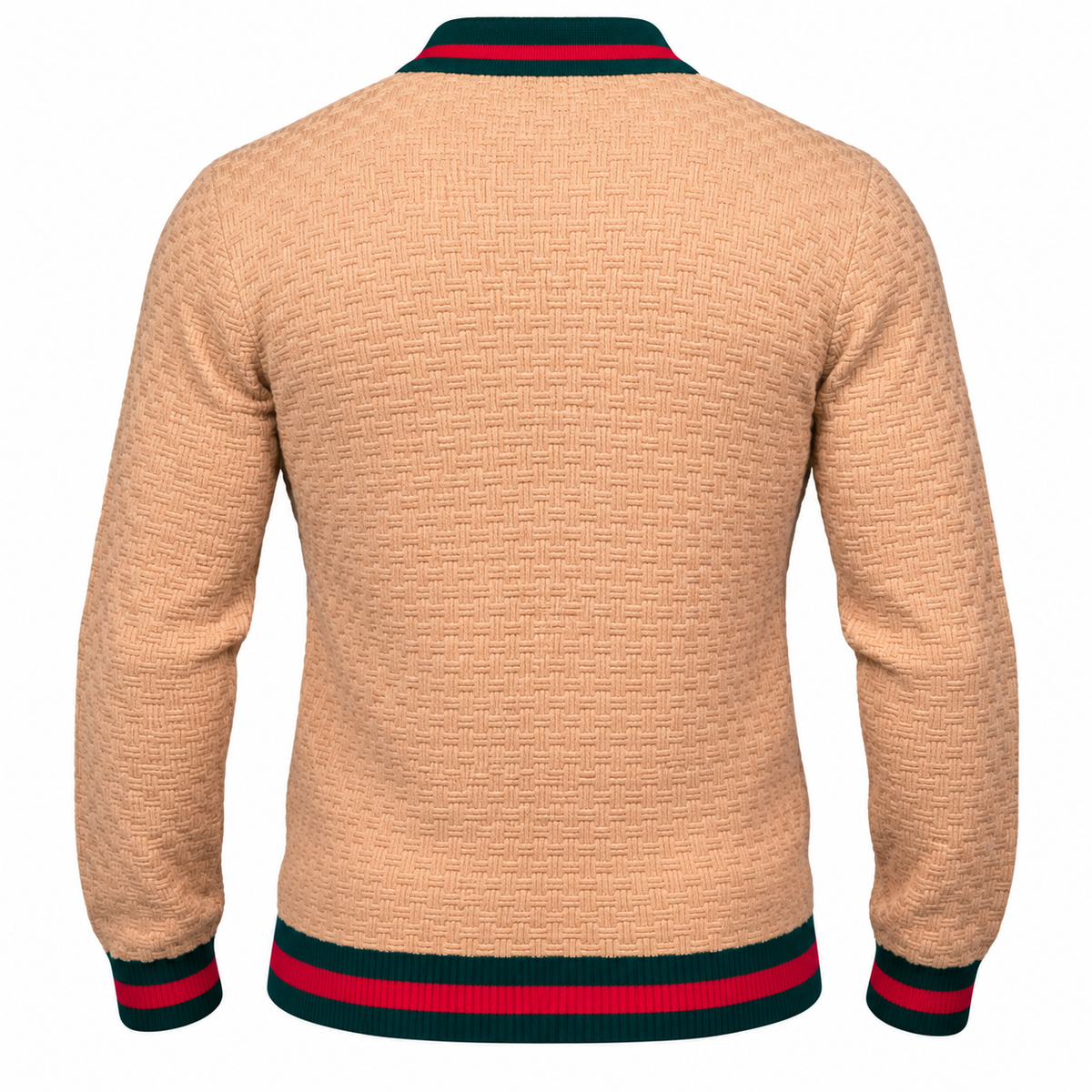 Back view of a tan Prestige Original sweater by suit-yourself-menswear with textured knit and striped green-red cuffs.