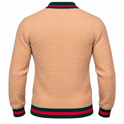 Back view of a tan Prestige Original sweater by suit-yourself-menswear with textured knit and striped green-red cuffs.