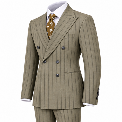 suit-yourself-menswear taupe pinstripe double-breasted suit with peak lapels and a brown patterned tie