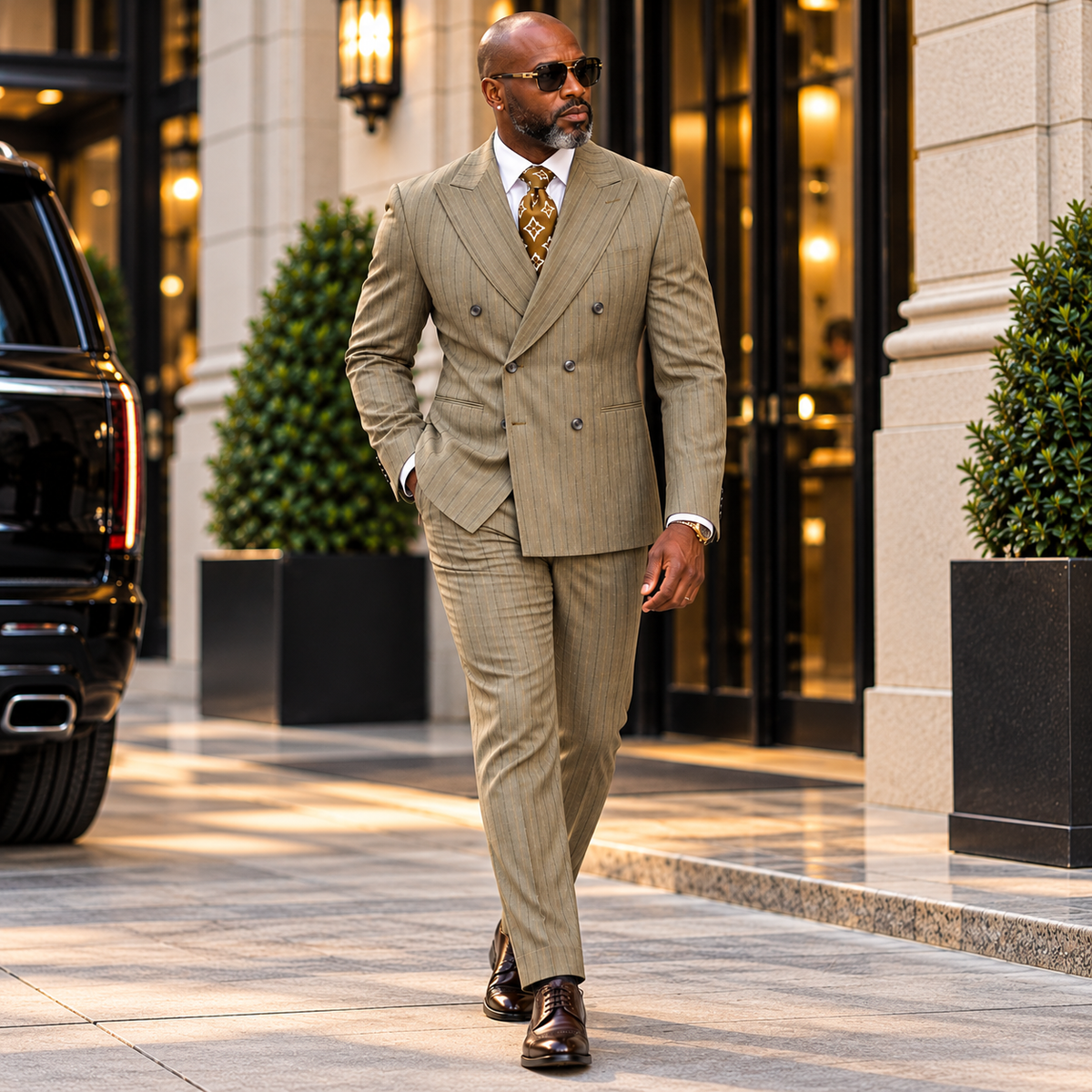 suit-yourself-menswear taupe pinstripe double-breasted suit with peak lapels worn by a man in an urban setting