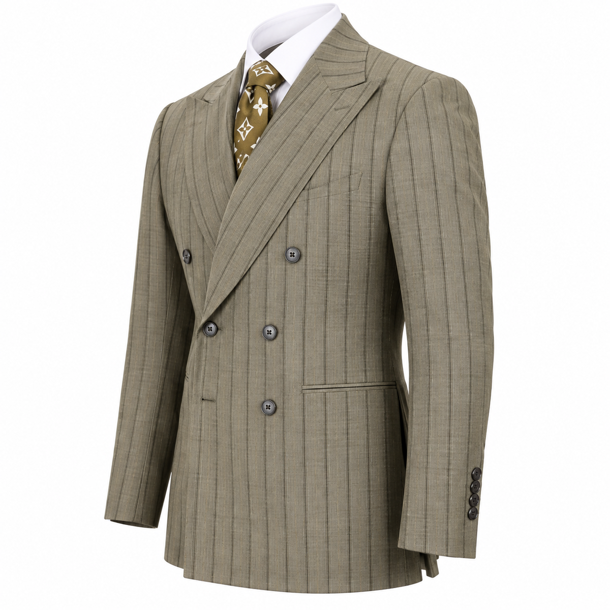 suit-yourself-menswear taupe pinstripe double-breasted suit with peak lapels and 6x2 button closure