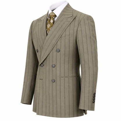 suit-yourself-menswear taupe pinstripe double-breasted suit with peak lapels and 6x2 button closure