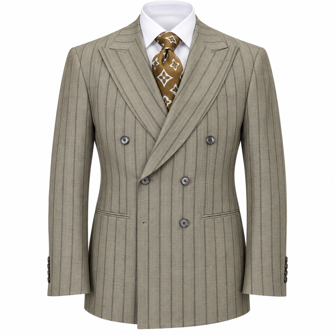 suit-yourself-menswear taupe pinstripe double-breasted suit jacket with peak lapels and white shirt with patterned tie