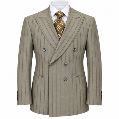 suit-yourself-menswear taupe pinstripe double-breasted suit jacket with peak lapels and white shirt with patterned tie