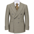 suit-yourself-menswear taupe pinstripe double-breasted suit jacket with peak lapels and white shirt with patterned tie