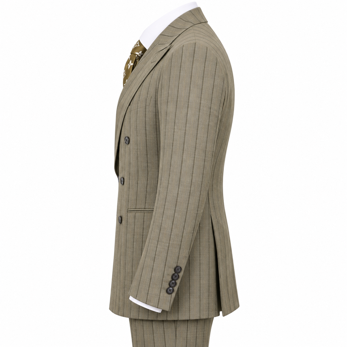 suit-yourself-menswear taupe pinstripe double-breasted suit with peak lapels and side vents, side profile view
