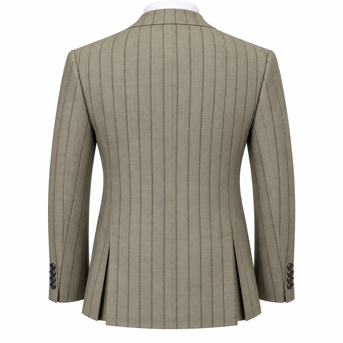 Back view of a suit-yourself-menswear taupe pinstripe double-breasted suit jacket with double vents.