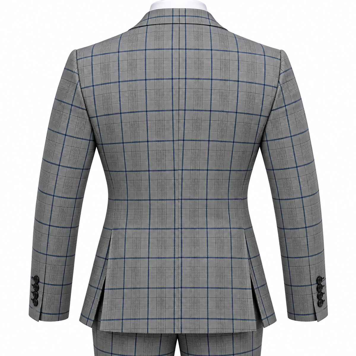 Back view of a suit-yourself-menswear Tiglio Portofino 3-piece suit in black, white, and blue plaid wool.
