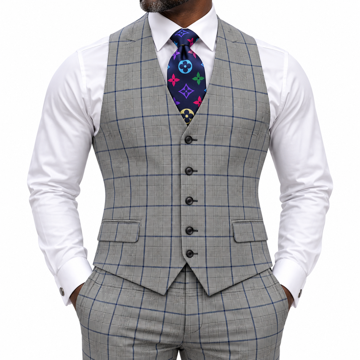 suit-yourself-menswear Tiglio Portofino three-piece suit featuring a grey plaid wool vest with a vibrant patterned tie.