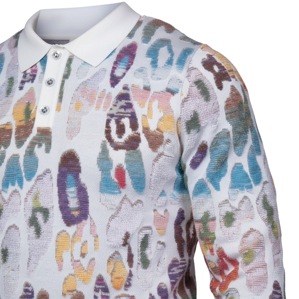 suit-yourself-menswear white polo sweater featuring a colorful abstract pattern and a classic button-up collar