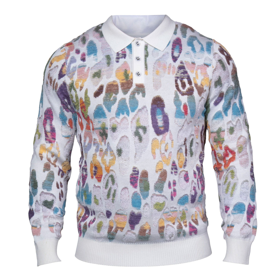 suit-yourself-menswear Prestige Original white sweater with a multi-colored abstract pattern and polo collar