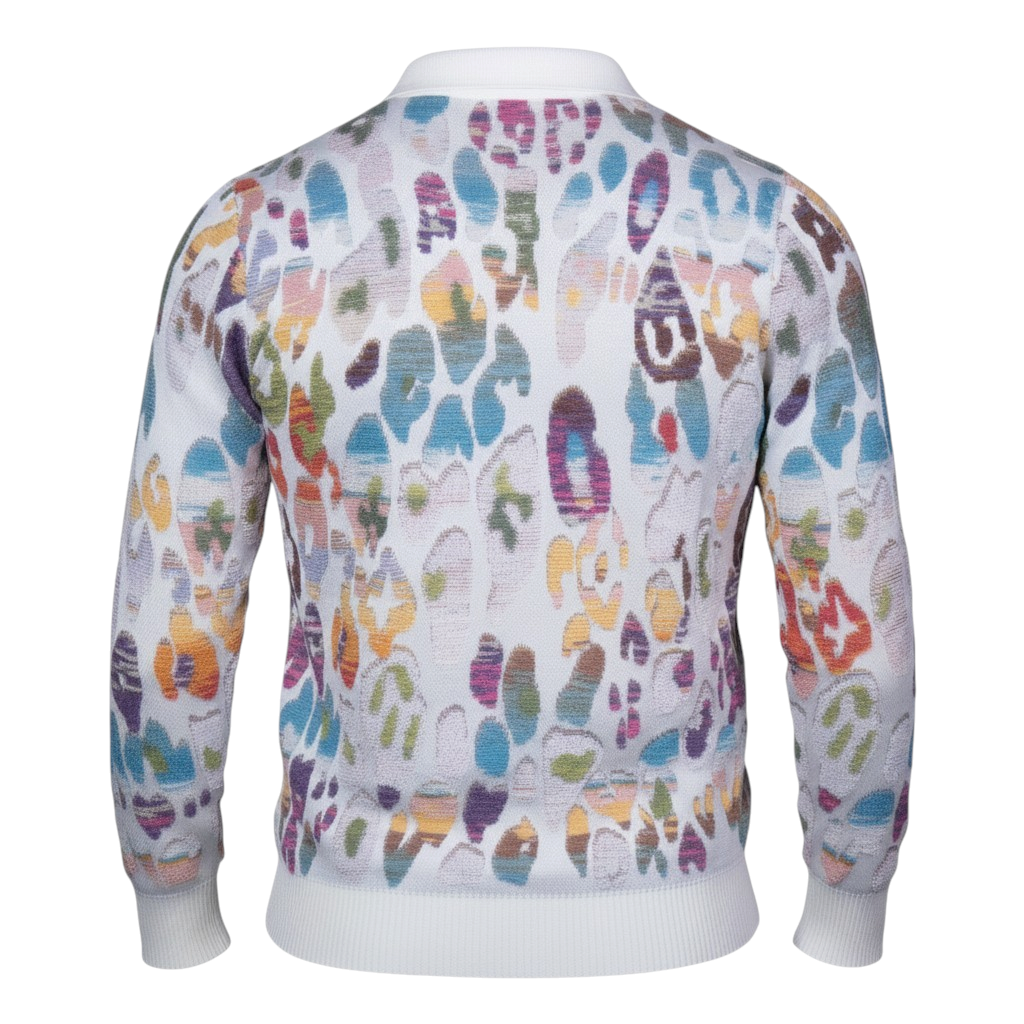 suit-yourself-menswear white sweater with a colorful abstract pattern and ribbed cuffs, back view