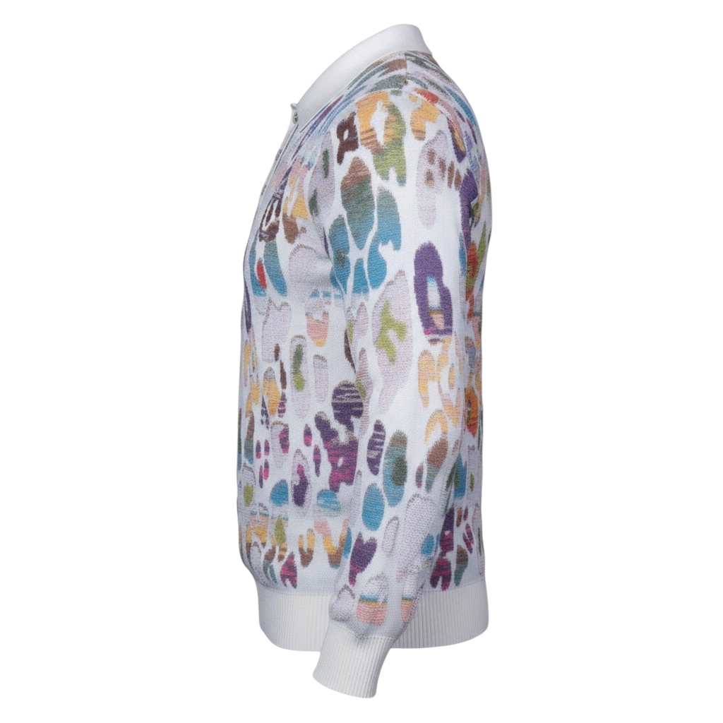 suit-yourself-menswear white sweater with a colorful abstract pattern, featuring a ribbed collar and cuffs