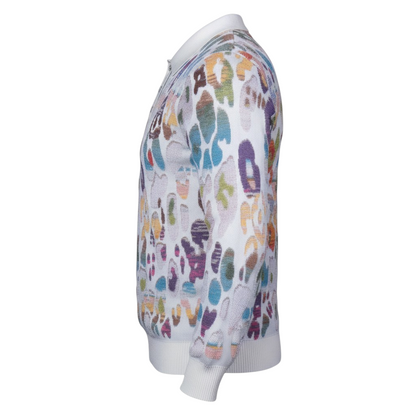 suit-yourself-menswear white sweater with a colorful abstract pattern, featuring a ribbed collar and cuffs