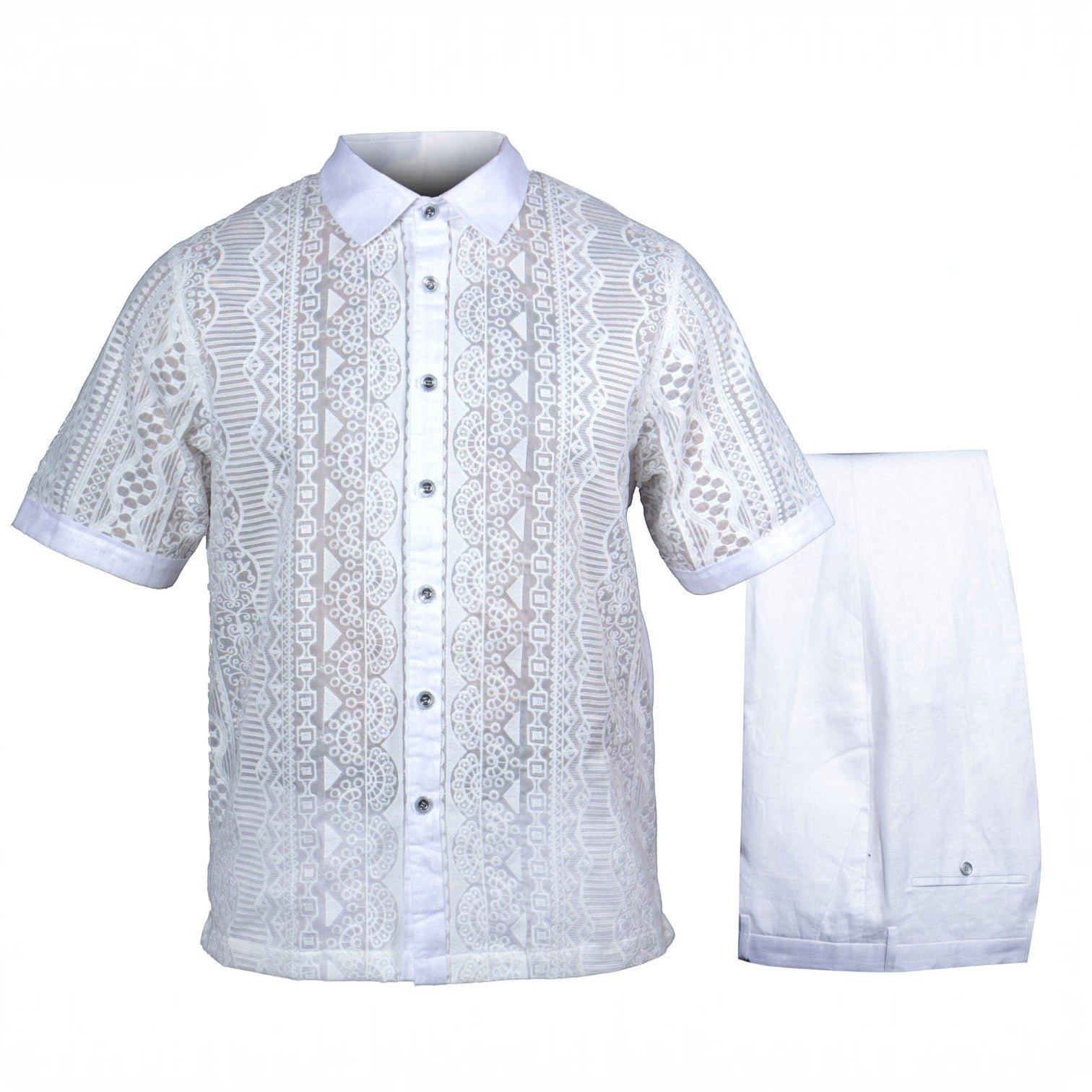 suit-yourself-menswear white linen two-piece set featuring a short-sleeve button-down shirt with intricate lace patterns.
