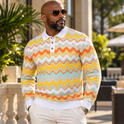 suit-yourself-menswear white and yellow chevron knit polo sweater worn by a man with sunglasses outdoors