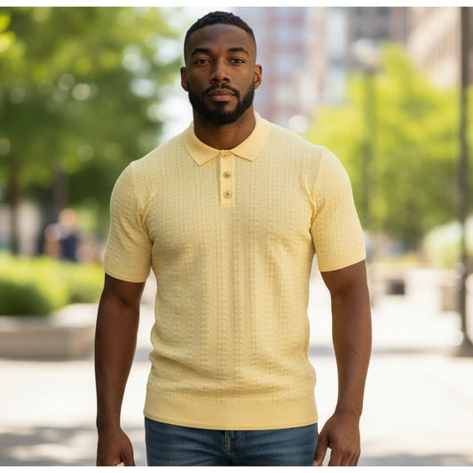 suit-yourself-menswear yellow textured knit polo shirt with a three-button placket worn by a man outdoors